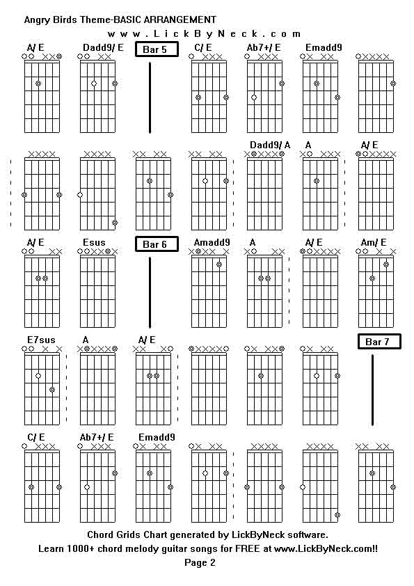Chord Grids Chart of chord melody fingerstyle guitar song-Angry Birds Theme-BASIC ARRANGEMENT,generated by LickByNeck software.